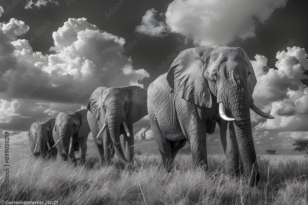 Fototapeta premium Herd of majestic adult African elephants crossing the savanna grasslands