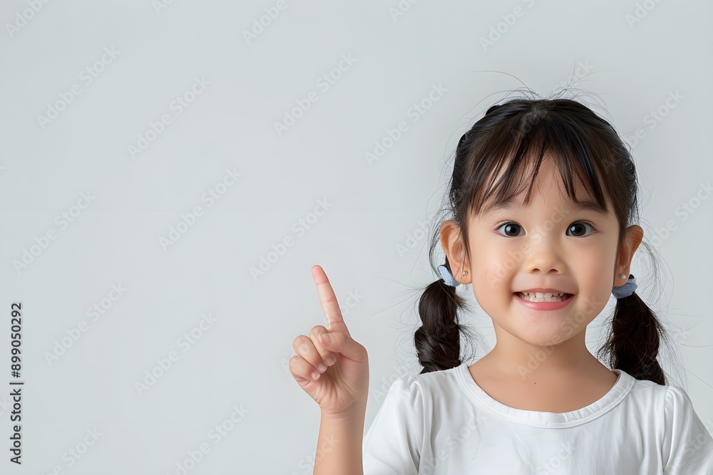 Brightly smiling little child wearing a t-shirt and pointing up with his finger in a studio on a white background Brightly smiling little child wearing a t-shirt and pointing up with his finger in a studio on a white background