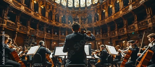 In a large, luxurious and old-fashioned opera house, large ensemble members play various instruments under the conductor's direction.