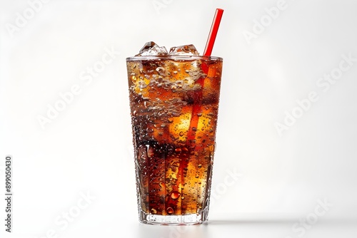 Scene with a clear glass full of cold cola with ice cubes and straw on a white background