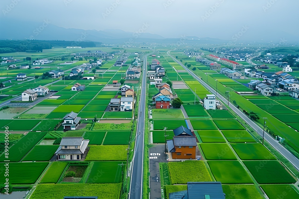 Aerial view of a landscape with a small road passing through a small village with wide green rice fields and fields. Aerial view of a landscape with a small road passing through a small village with wide green rice fields and fields.