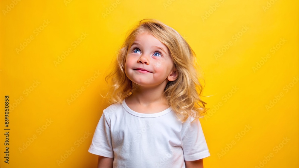 Adorable blonde girl with bright curious eyes and messy hair, wearing a casual white t-shirt, stands alone on a vibrant yellow background, looking upwards. Adorable blonde girl with bright curious eyes and messy hair, wearing a casual white t-shirt, stands alone on a vibrant yellow background, looking upwards.