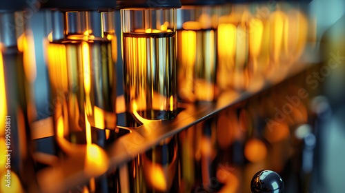 A row of test tubes filled with yellow liquid photo