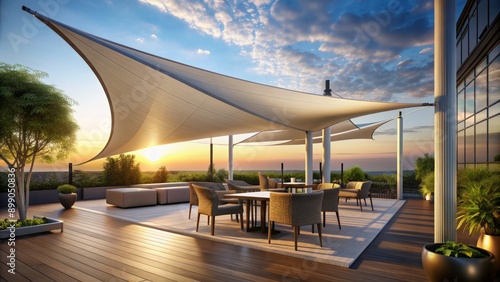 Sophisticated cantilevered pole elegantly suspends a vast, curved shade sail above a sleek, modern outdoor cafe's luxurious seating area.