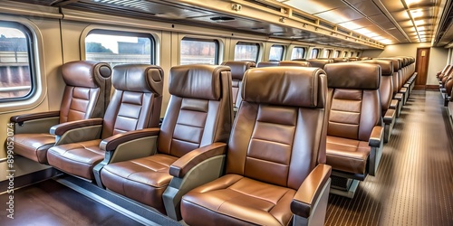 row of seats on a train (long island railroad metro north) leather covered padded chairs Generative AI photo