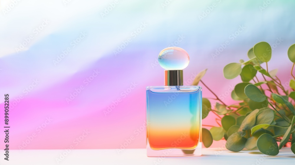 Transparent rainbow glass perfume bottle mockup with plants on background. Eau de toilette. Mockup, spring flat lay. Transparent rainbow glass perfume bottle mockup with plants on background. Eau de toilette. Mockup, spring flat lay.