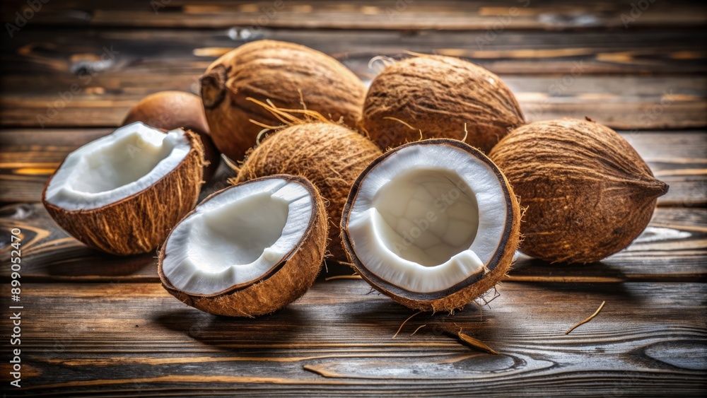 Freshly cracked open coconuts with white flesh and brown shells scattered on a rustic wooden table or cutting board surface. Freshly cracked open coconuts with white flesh and brown shells scattered on a rustic wooden table or cutting board surface.