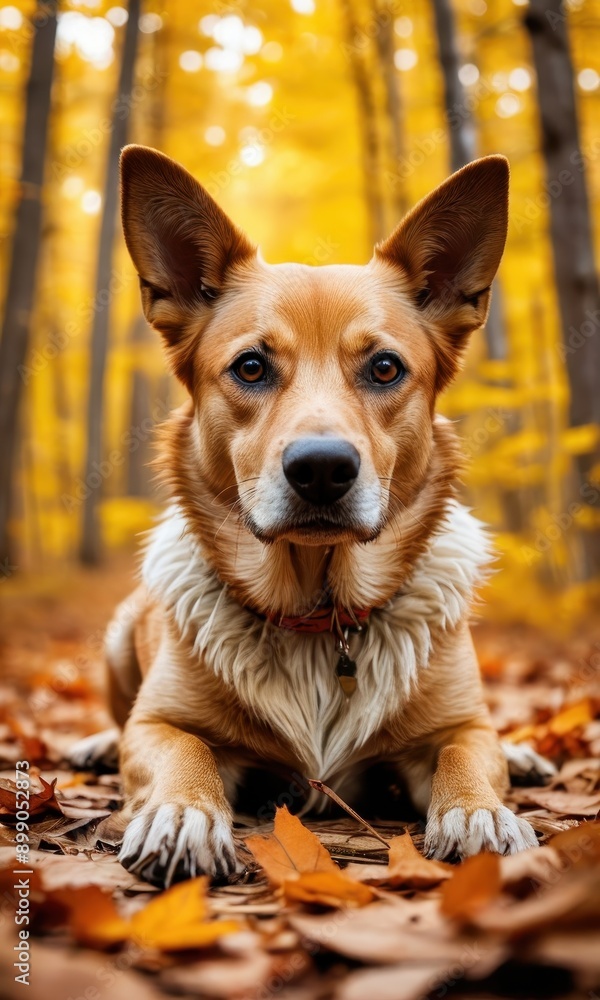 Dog laying in Autumn leaves. Dog laying in Autumn leaves.