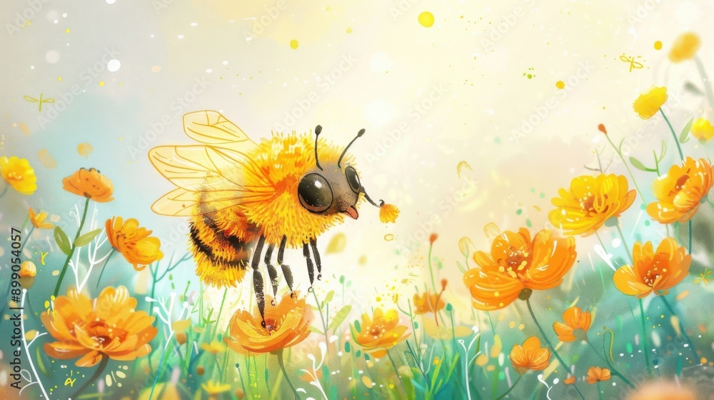A vibrant illustration of a bee collecting nectar from bright yellow flowers, showcasing the beauty of nature and pollination. A vibrant illustration of a bee collecting nectar from bright yellow flowers, showcasing the beauty of nature and pollination.