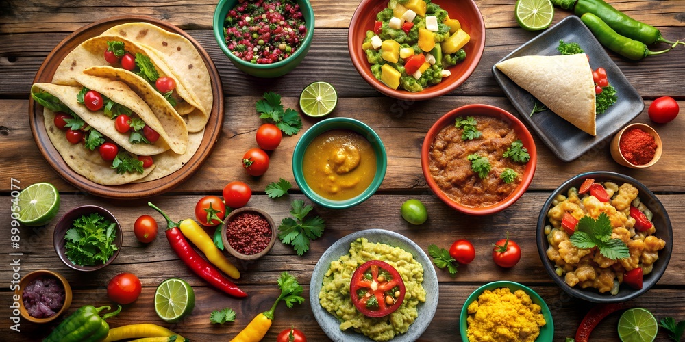 Aerial view of Mexican food on a table Generative By AI Aerial view of Mexican food on a table Generative By AI