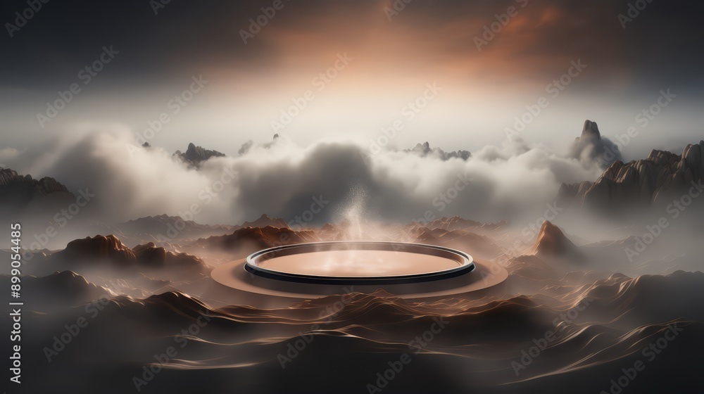 3D render of a modern podium surrounded by swirling mist, high quality 8k resolution, featuring a sleek and minimal design, with contemporary, clean aesthetics 3D render of a modern podium surrounded by swirling mist, high quality 8k resolution, featuring a sleek and minimal design, with contemporary, clean aesthetics