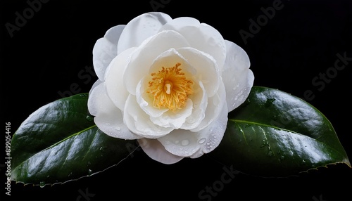 Dew-Kissed White Camellia on Black Background photo