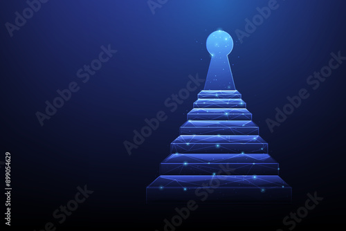 stair to key door target technology on blue background. business achievement way to success. vector illustration fantastic low poly wireframe.