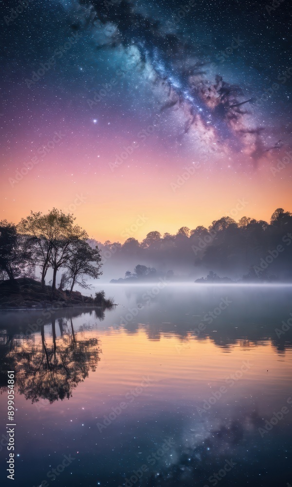 Fototapeta premium Milky Way Reflection in Still Lake Water at Dusk.