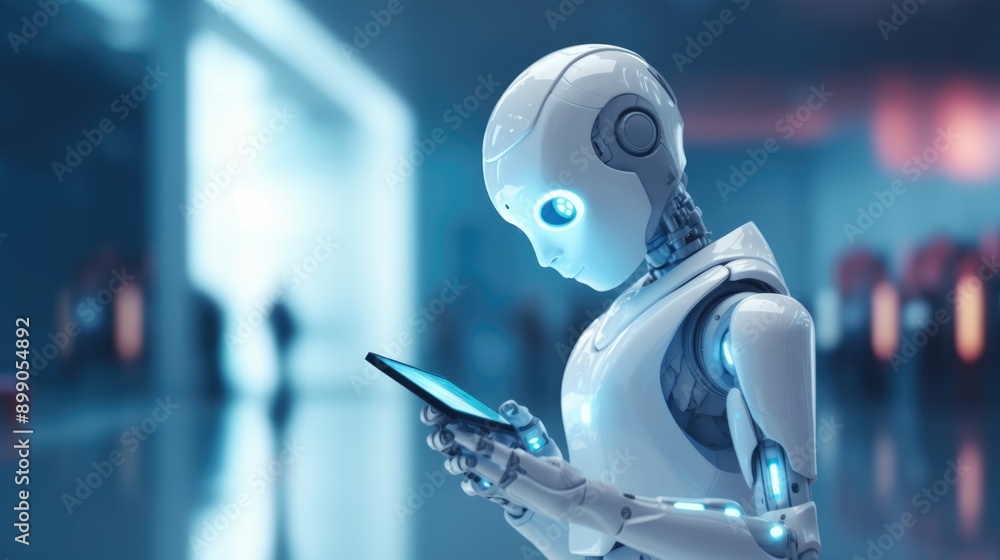 Android robot companion and futuristic woman in uniform with tablet computer Android robot companion and futuristic woman in uniform with tablet computer