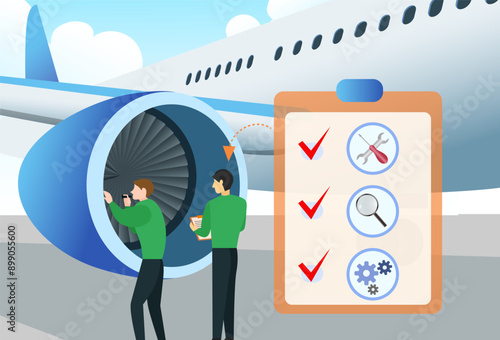 airport ground crew doing pre-flight checklist before taking off vector illustration, industry and transportation