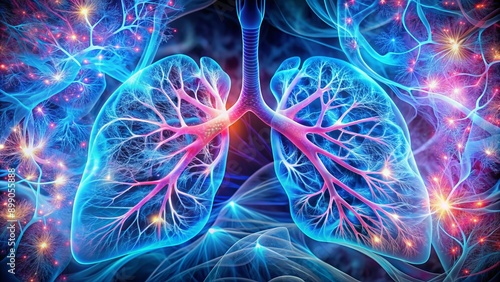 Vibrant blue and pink swirling shapes depict intricate pulmonary anatomy, highlighting complex network of airways and vessels in human lungs. photo