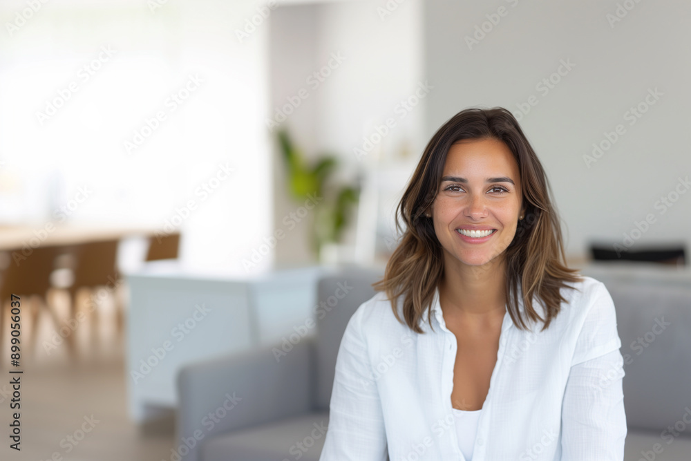 A happy young Latin female entrepreneur with dark hair in a white blouse sitting on a gray couch in a bright, modern living room. A happy young Latin female entrepreneur with dark hair in a white blouse sitting on a gray couch in a bright, modern living room.