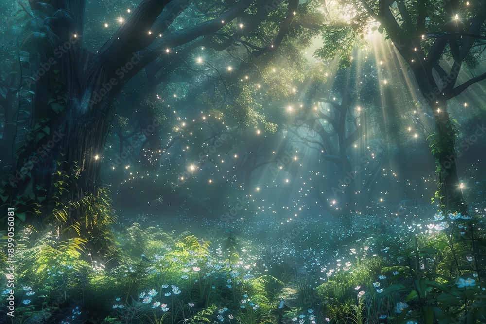 enchanted forest glade bioluminescent flora gossamer fog tendrils otherworldly dappled sunlight ethereal nature spirits