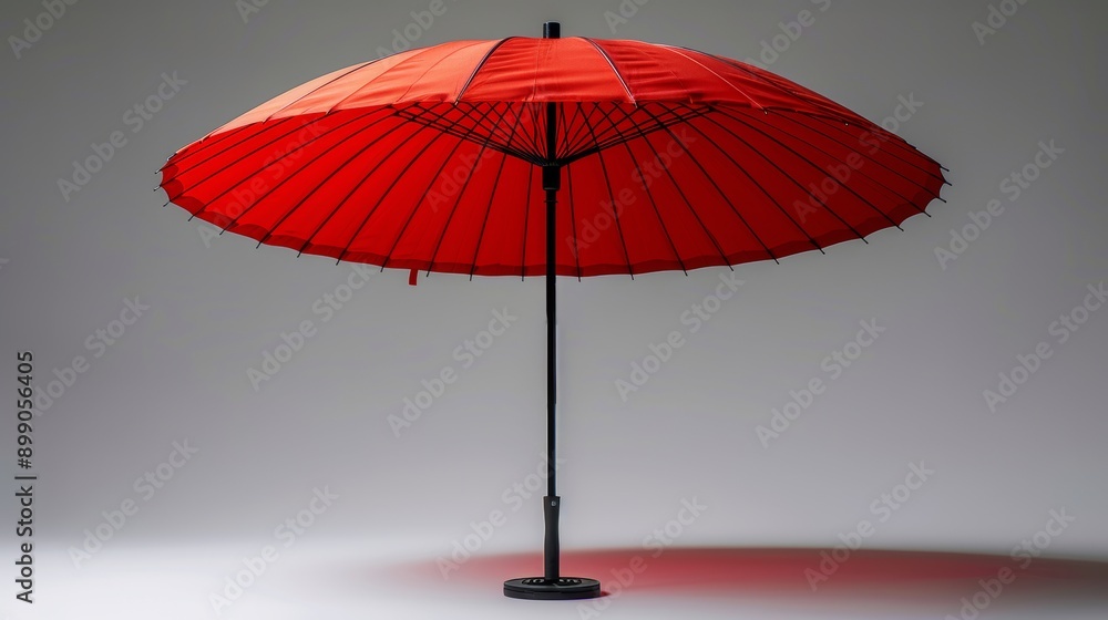 Classic red japanese umbrella standing open on a grey background, representing japanese culture and aesthetics Classic red japanese umbrella standing open on a grey background, representing japanese culture and aesthetics