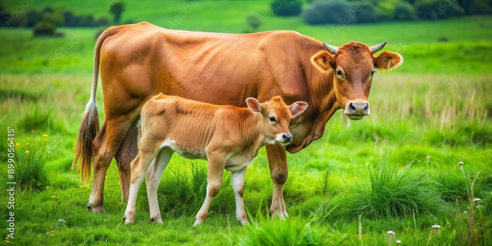 A serene cow and calf duo grazes peacefully in a lush green meadow, showcasing their strong bond and the calf's innocence amidst nature's tranquil atmosphere. A serene cow and calf duo grazes peacefully in a lush green meadow, showcasing their strong bond and the calf's innocence amidst nature's tranquil atmosphere.