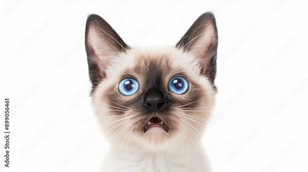 Siamese kitten with bright blue eyes, looking surprised with mouth slightly open. White background. Siamese kitten with bright blue eyes, looking surprised with mouth slightly open. White background.