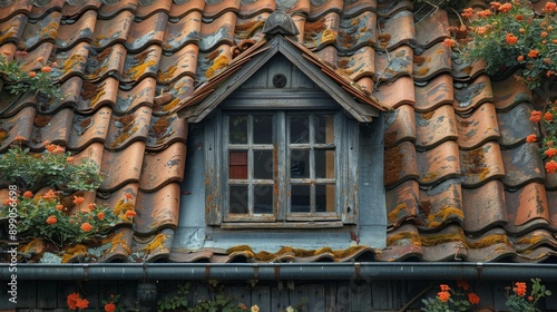 Old dormer window is framed by orange roof tiles with moss and vines growing on them