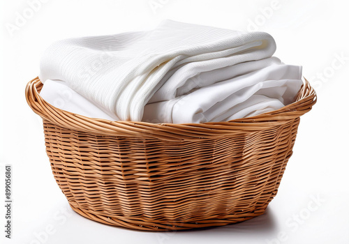 Wicker basket with a stack of white clothes on a white background. Clean, folded, stacked clothes in a wicker basket isolated. photo