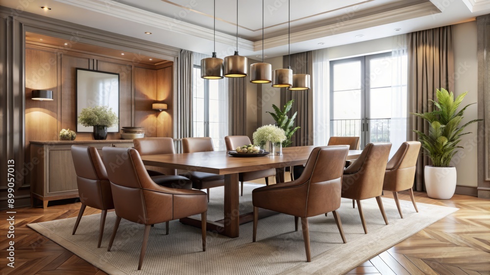 Fototapeta premium Elegant dining room features sleek wood table, modern leather chairs, and subtle decorative accents amidst a neutral color palette.