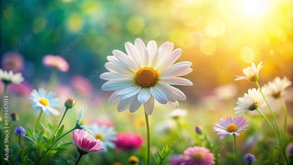 Softly lit, serene spring background with delicate white daisy bloom amidst vibrant flowers and lush greenery in pastel hues. Softly lit, serene spring background with delicate white daisy bloom amidst vibrant flowers and lush greenery in pastel hues.