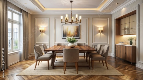 Elegant dining room featuring a sleek wooden table, minimalist chandelier, and sophisticated cream-colored walls adorned with subtle artwork.