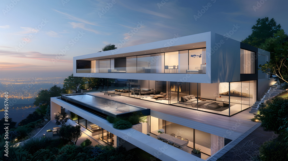 Contemporary hilltop villa at dusk: Floor-to-ceiling windows, cantilevered decks, a sleek infinity pool, landscaped terraces, and city lights below Contemporary hilltop villa at dusk: Floor-to-ceiling windows, cantilevered decks, a sleek infinity pool, landscaped terraces, and city lights below