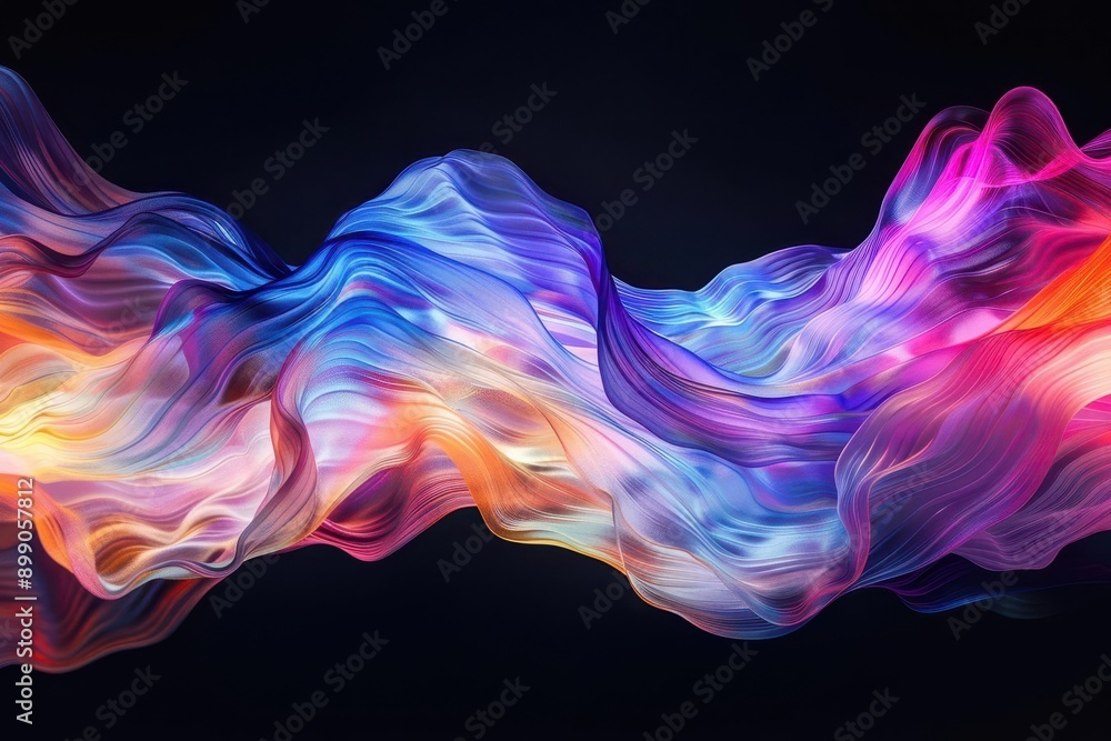 Fototapeta premium mesmerizing iridescent wave of fluid motion blending vibrant hues in a seamless gradient against a deep black backdrop evoking a sense of digital artistry