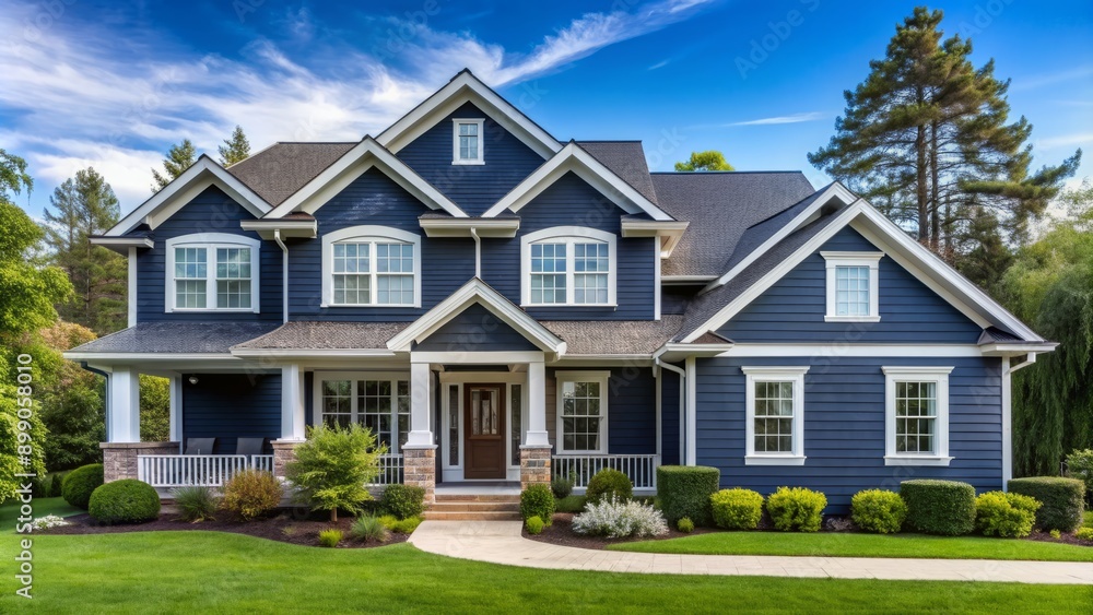 A serene suburban scenery featuring a majestic navy blue house with white trim and lush greenery surrounding its exterior. A serene suburban scenery featuring a majestic navy blue house with white trim and lush greenery surrounding its exterior.