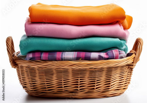 Wicker basket full of colorful clothes isolated. Wicker basket with a stack of colorful clothes on a white background. Clean, folded, stacked clothes in a wicker basket isolated photo