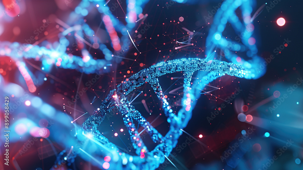 3d rendering of blue and orange DNA on dark background with bokeh effect 3d rendering of blue and orange DNA on dark background with bokeh effect