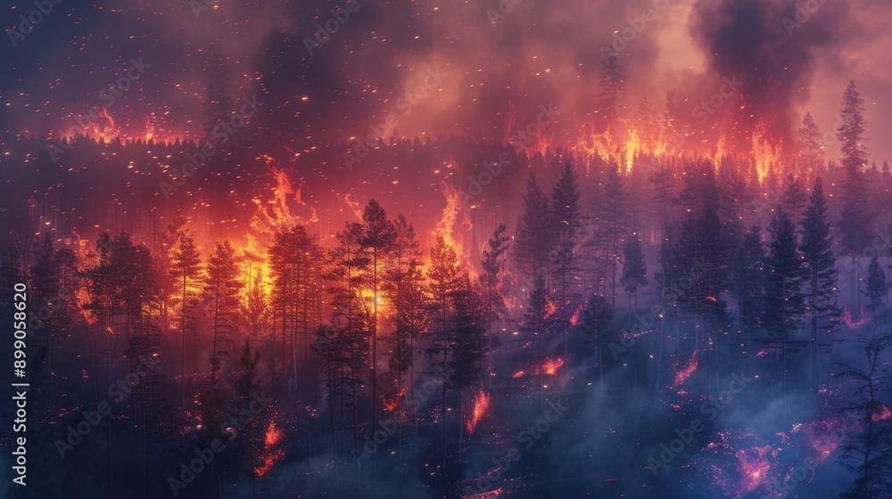 Devastating Intense Wildfire Incinerating Ancient Woodland with Vibrant Colors of Destruction Devastating Intense Wildfire Incinerating Ancient Woodland with Vibrant Colors of Destruction