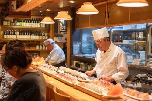 Sushi Chef Preparing Plates in a Japanese Restaurant