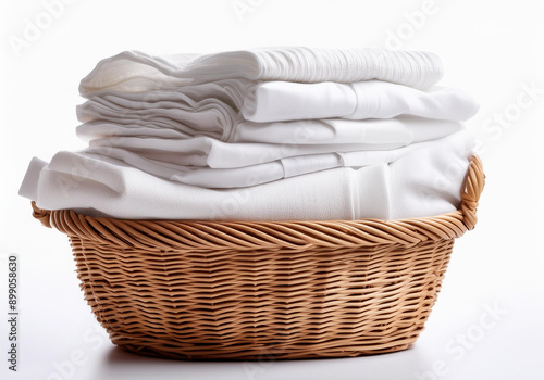 Wicker basket with a stack of white clothes on a white background. Clean, folded, stacked clothes in a wicker basket isolated. photo