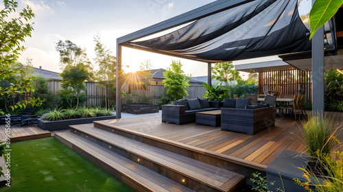 Contemporary outdoor area with a composite deck, modular seating, a metal pergola with shade sails, and a manicured garden, ideal for relaxation photo