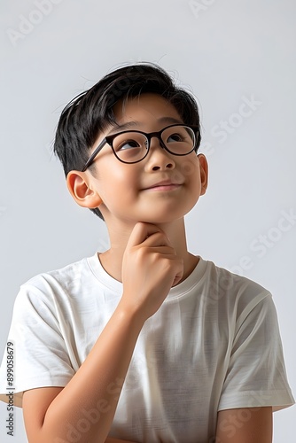 Little child with glasses wearing a t-shirt and thinking with his hand on his chin with a happy expression on his face in a studio on a white background