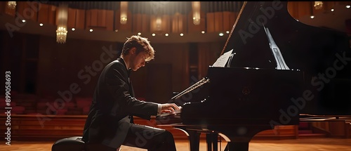A pianist performing passionately on the grand piano in a famous competition.