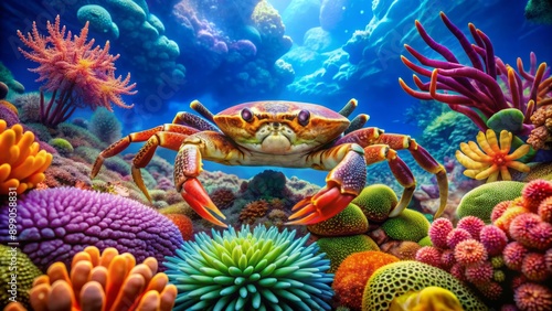 Vibrant marine scene featuring a colorful Xenia swimming crab, Caphyra species, amidst coral reef with sea anemones and sea fans. photo