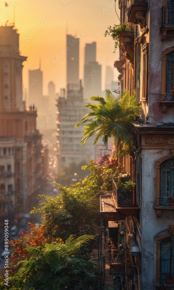 Fototapeta premium Urban Oasis A Balcony with Palm Trees and Cityscape at Sunset.