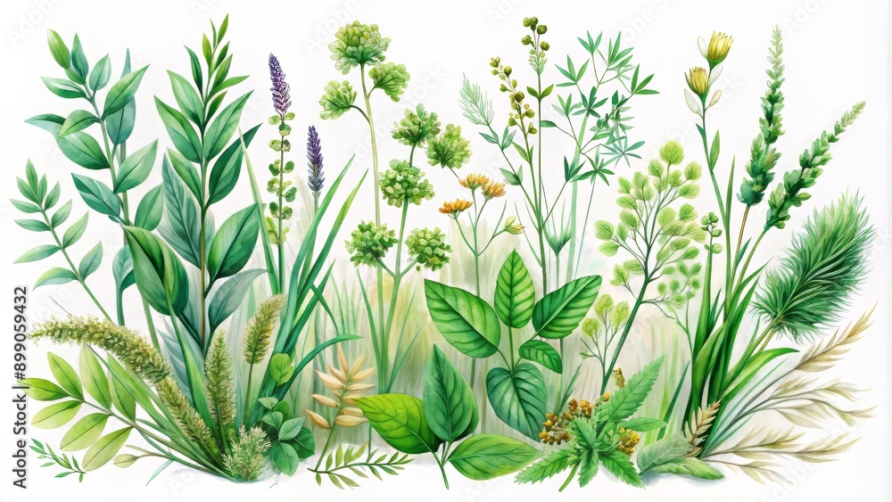 Fototapeta premium Vibrant watercolor illustration of diverse green grasses, wild herbs, and plant twigs on a clean white background, showcasing delicate details.