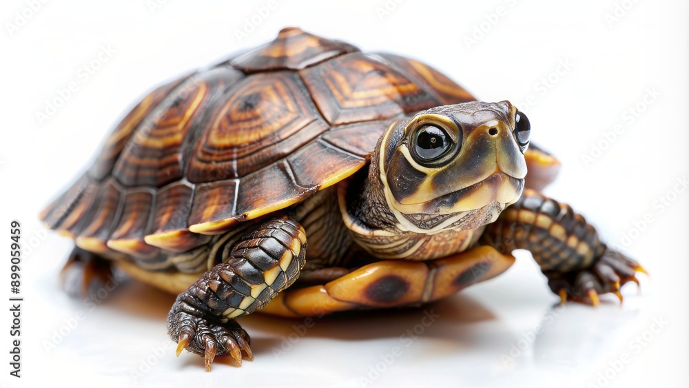 Obraz premium Adorable small turtle with brown shell and bright curious eyes sitting on a pristine pure white studio background solitary.