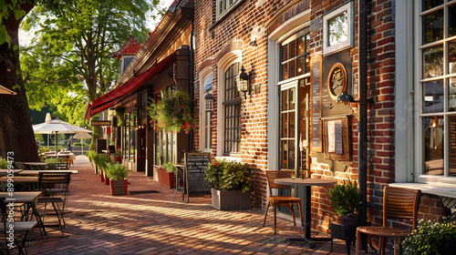 Cozy caf?(C) with a red brick facade, large windows, and outdoor seating in a charming village