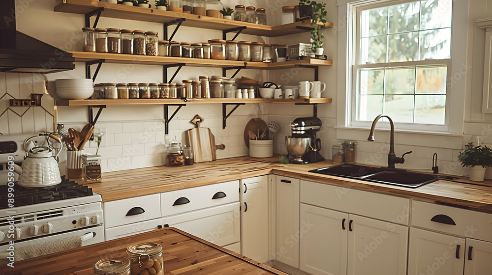 Cozy farmhouse kitchen in a new rural home, showcasing butcher block countertops, a vintage stove, and open shelves filled with mason jars Cozy farmhouse kitchen in a new rural home, showcasing butcher block countertops, a vintage stove, and open shelves filled with mason jars