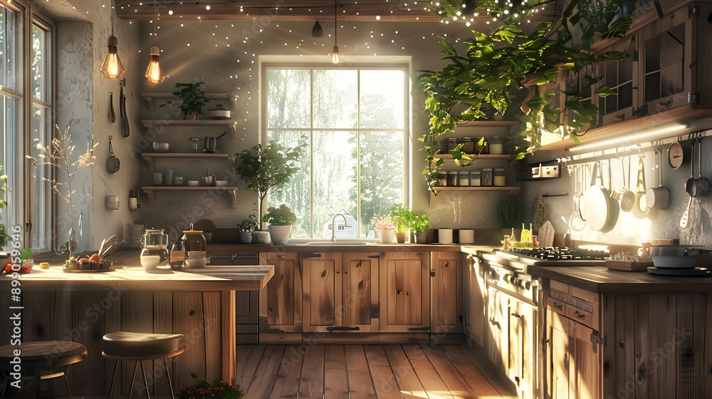 Cozy farmhouse kitchen with a rustic wooden island by a sunlit window, adorned with hanging plants and fairy lights Cozy farmhouse kitchen with a rustic wooden island by a sunlit window, adorned with hanging plants and fairy lights