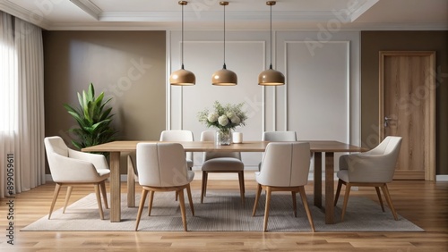 Elegant, modern dining room featuring sleek wood table, white chairs, and subtle decorative accents against a neutral background tone.